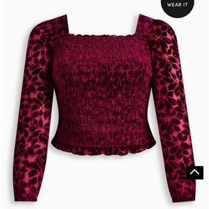 NWT Torrid Velvet Smocked Blouson Sleeve Crop Top Size 2